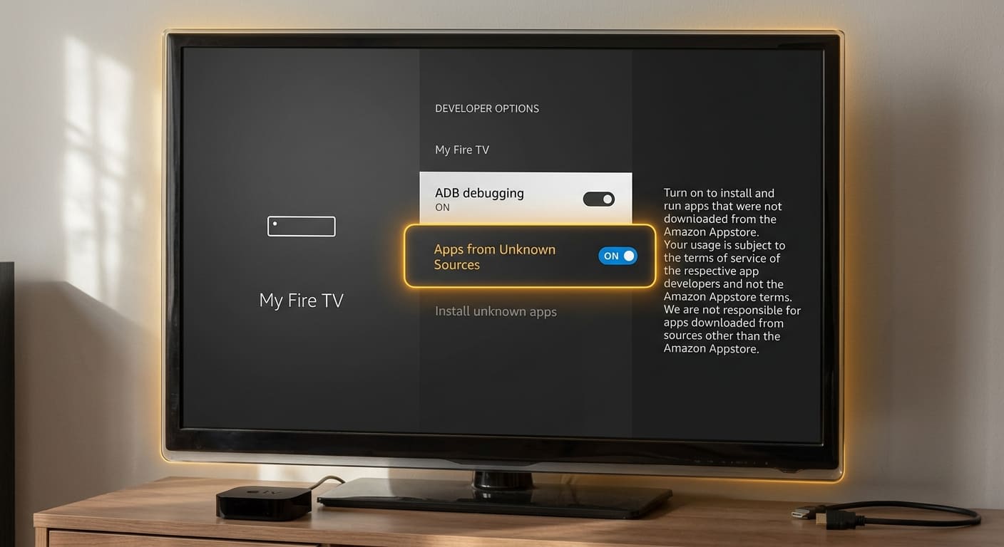 Fire TV settings with Apps from Unknown Sources turned on