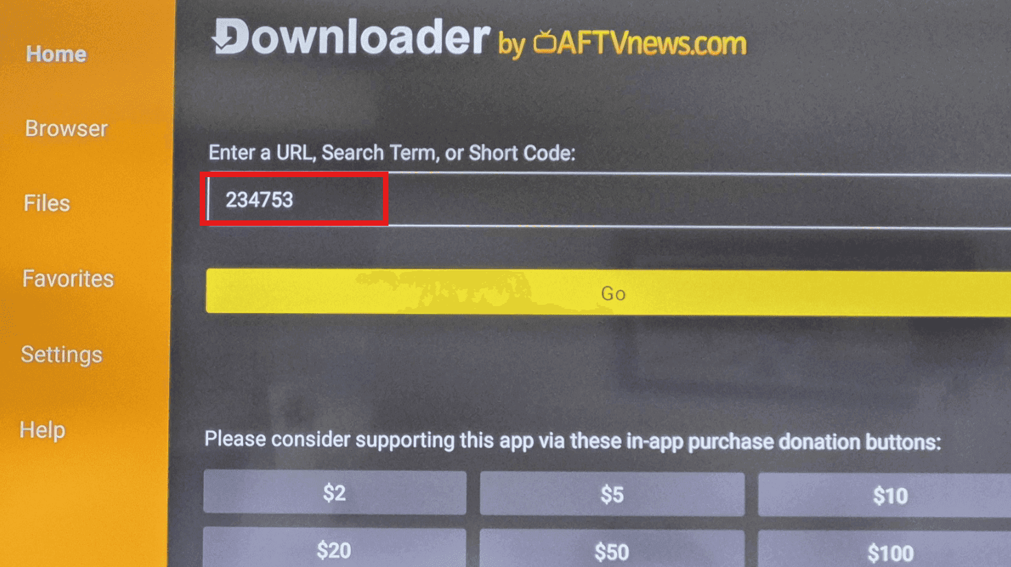 Downloader app on Firestick with the installer URL entered