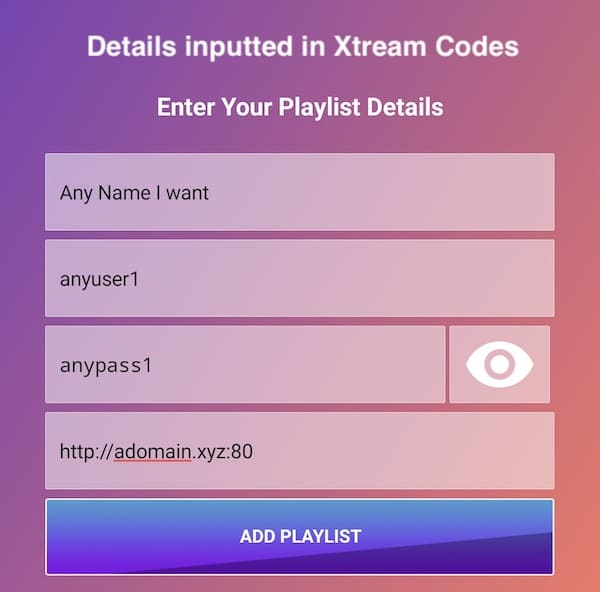 IPTV Smarters login screen with Xtream Codes details filled in